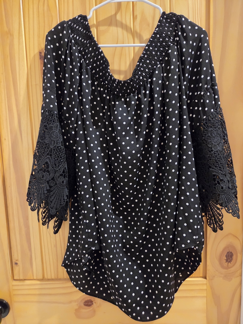 Cato Black Polka Dot Off-Shoulder Tunic with Lace Bell Sleeves